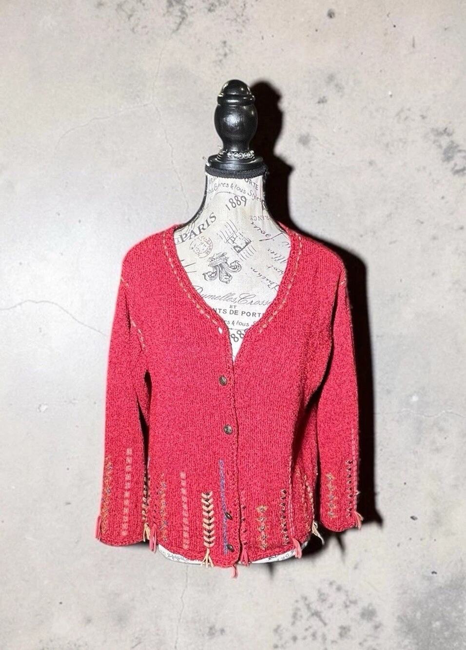 Icelandic Design Silk Red Knit Cardigan Sweater Embroidered Artsy Boho Size M